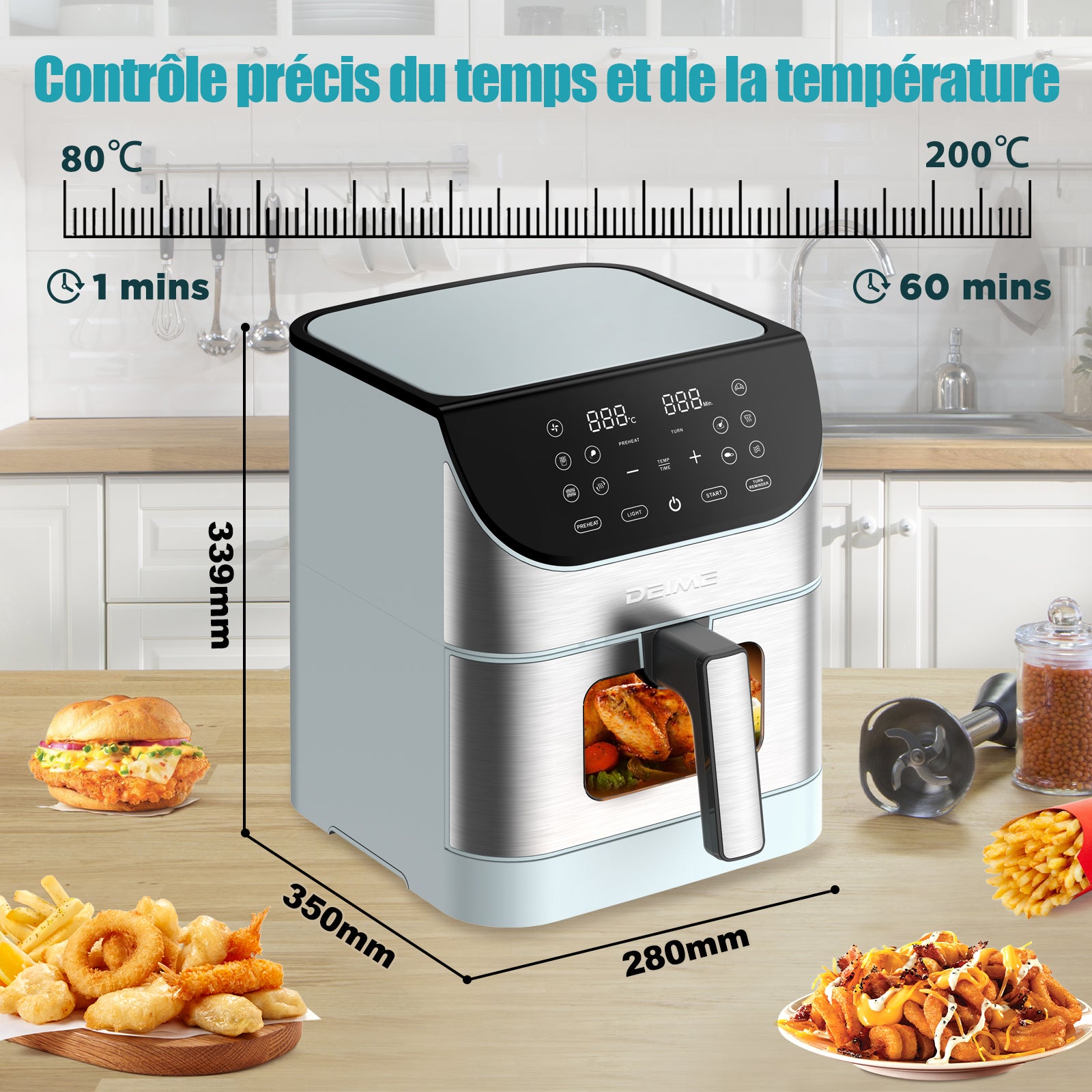 Airfryer 6 L 1500 W 10 Programmes Avec Fenêtre De Cuisson – Inox Bleu