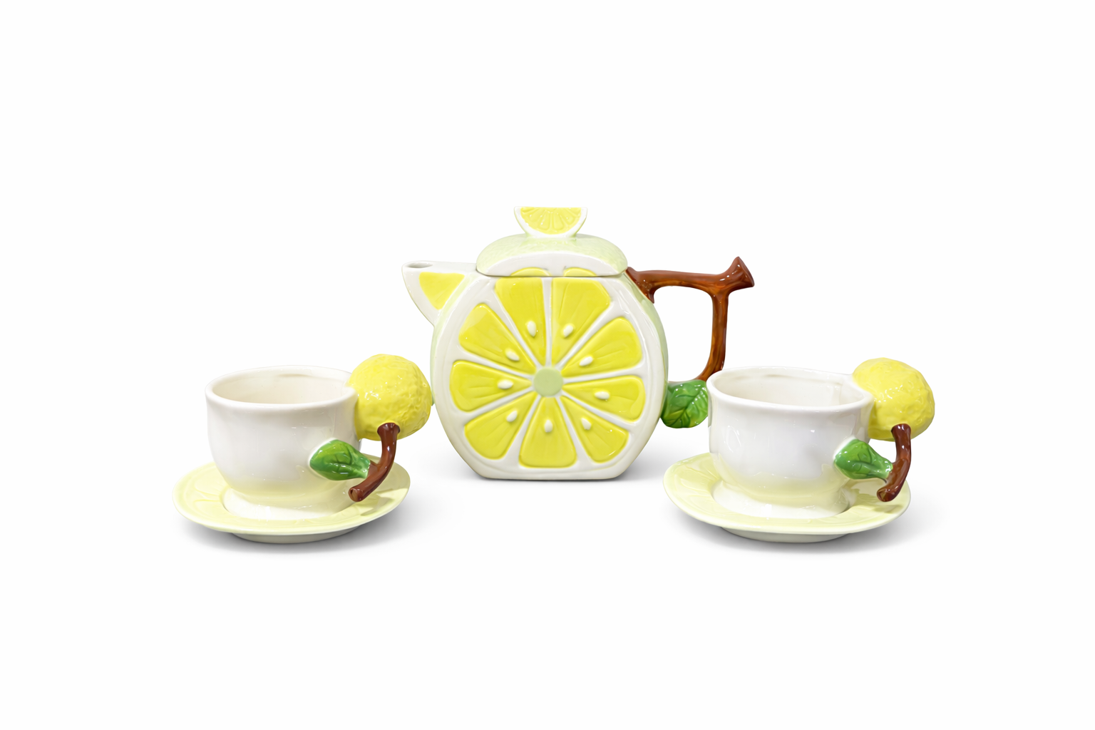 Service à Thé Citron en Céramique – Théière + 2 Tasses & Sous-Tasses