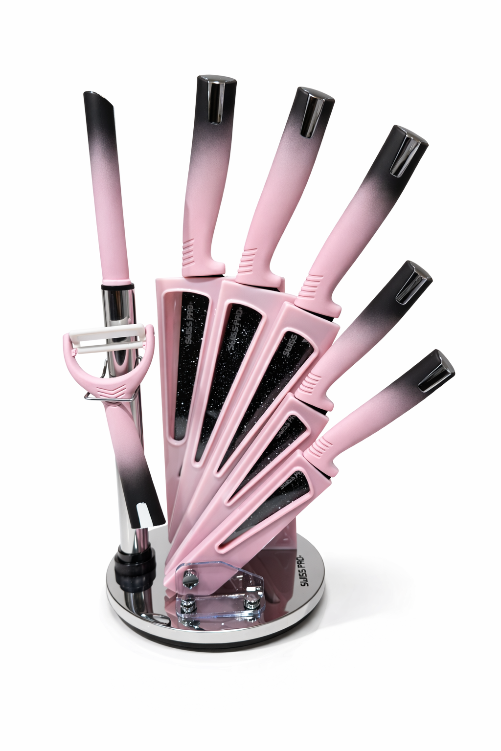 Set de Couteaux Rose Dégradé 8 Pièces avec Support Rotatif – Design Moderne & Élégant