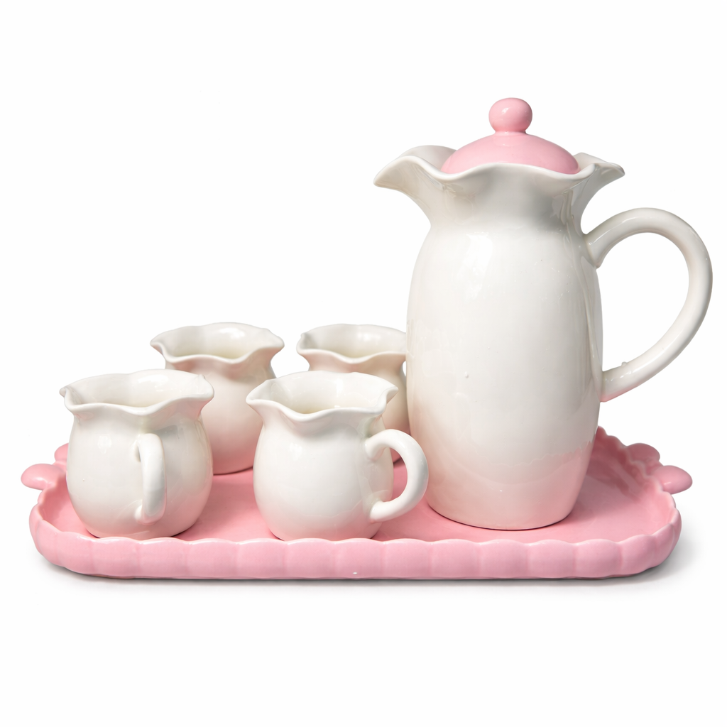 Service en Céramique Blanc & Rose – Carafe + 4 Tasses avec Plateau