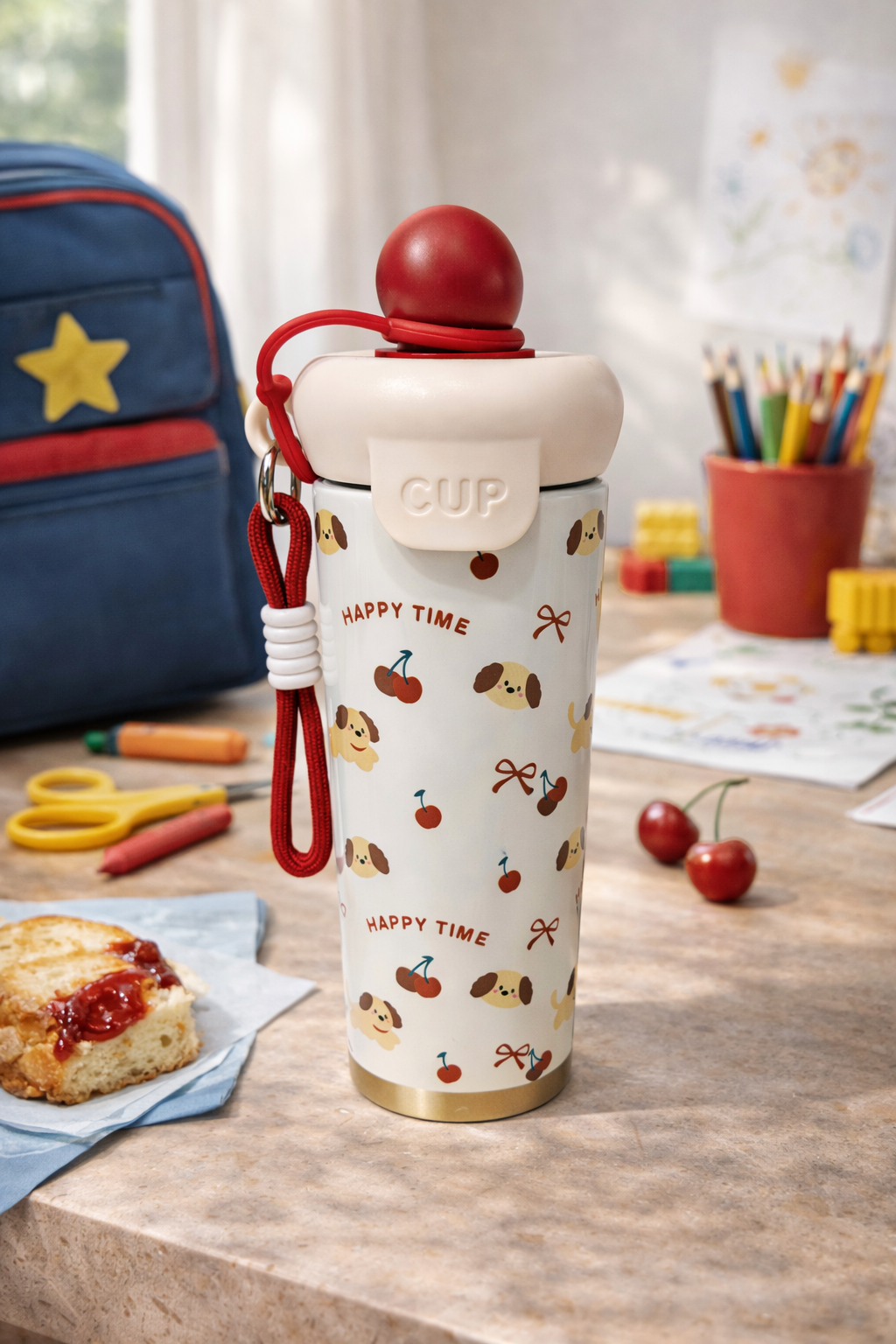 Gourde Enfant Happy Time – Design Cerises & Chiens