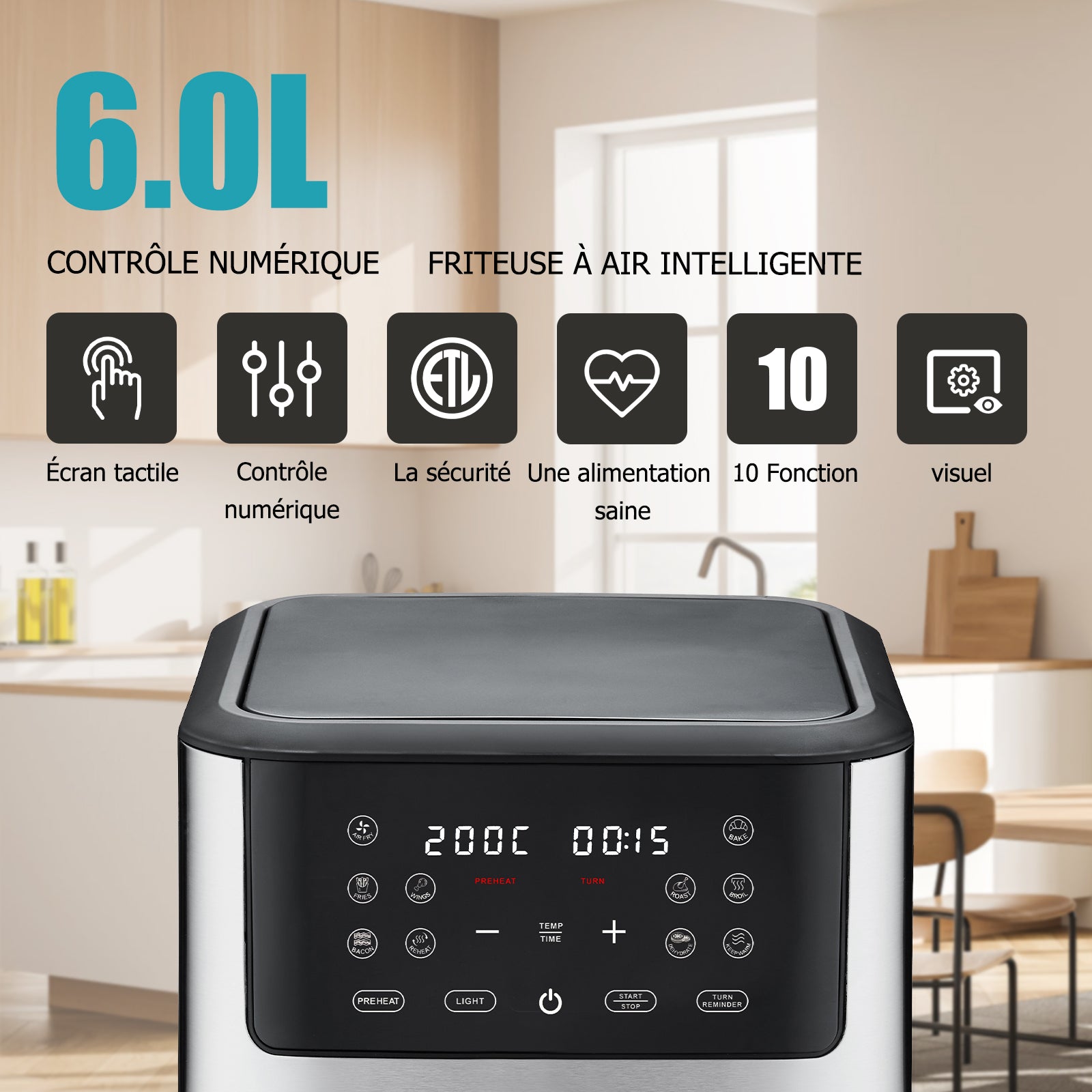 Airfryer 6 L 1500 W 10 Programmes Avec Fenêtre De Cuisson