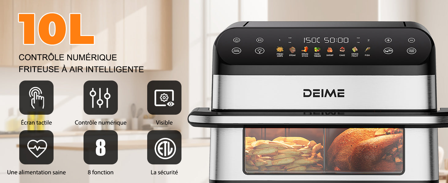 Airfryer 10 L 2400 W Double Bac Avec Fenêtre De Cuisson – Inox