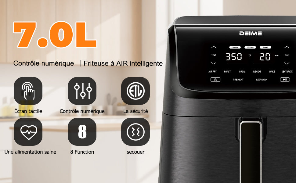 Airfryer 7 L 1800 W 10 Programmes Écran Tactile – Noir