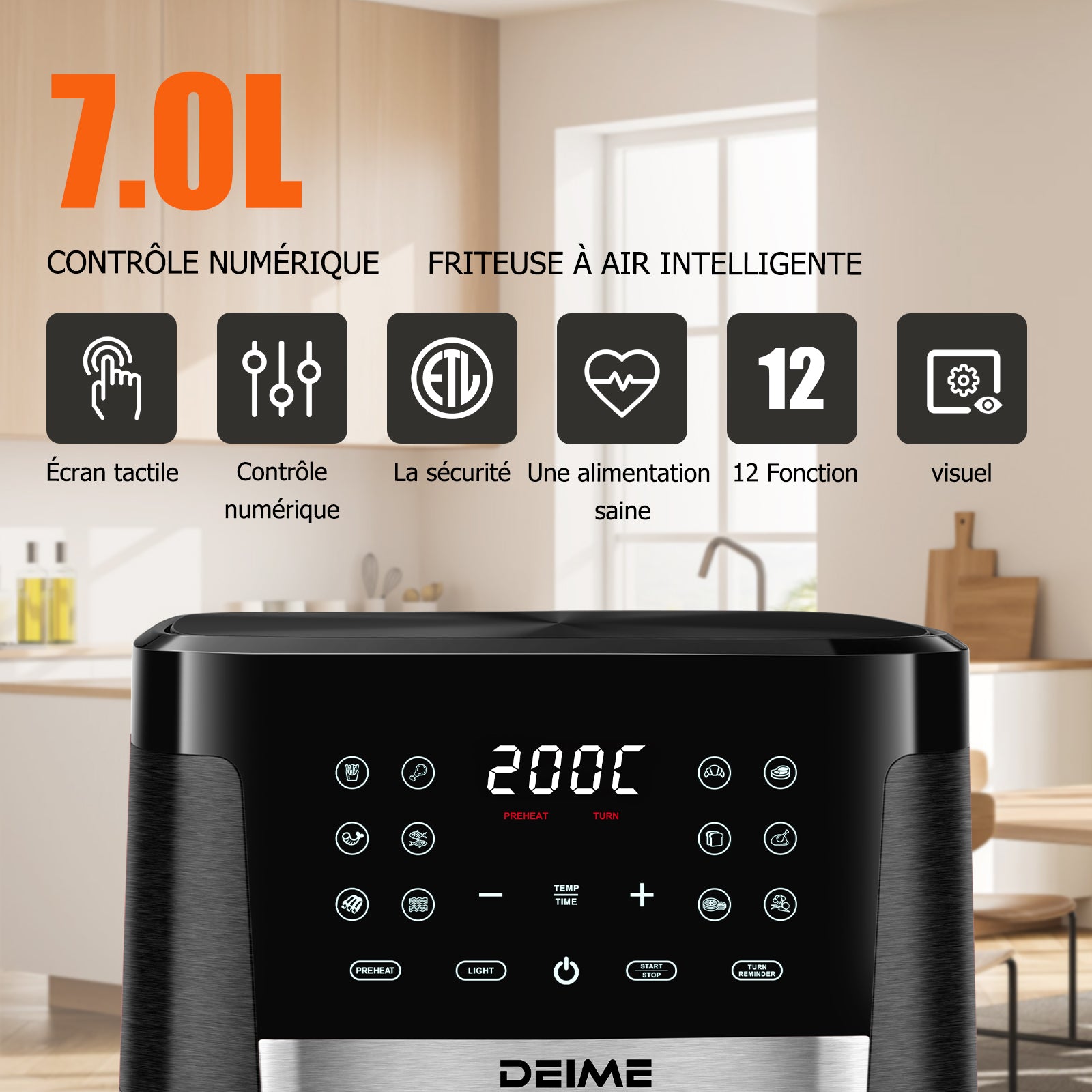 Airfryer 7 L 1800 W 12 Programmes Avec Vitre De Cuisson – Noir Métallisé