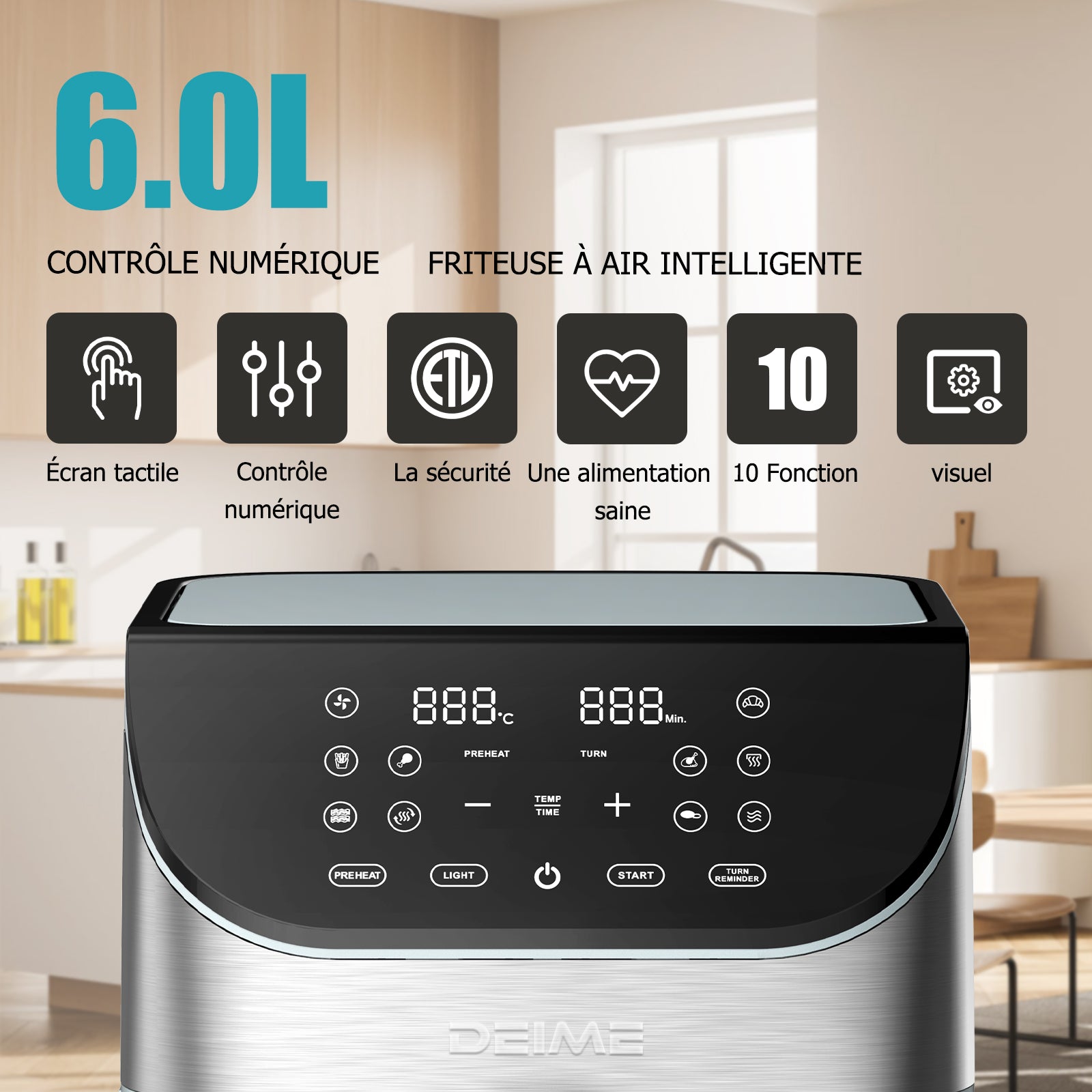 Airfryer 6 L 1500 W 10 Programmes Avec Fenêtre De Cuisson – Inox Bleu