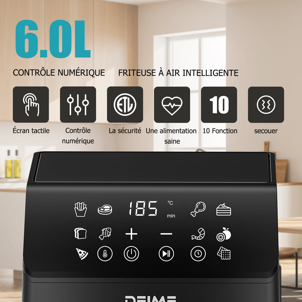 Airfryer 6 L 1700 W 12 Programmes Écran Digital – Noir