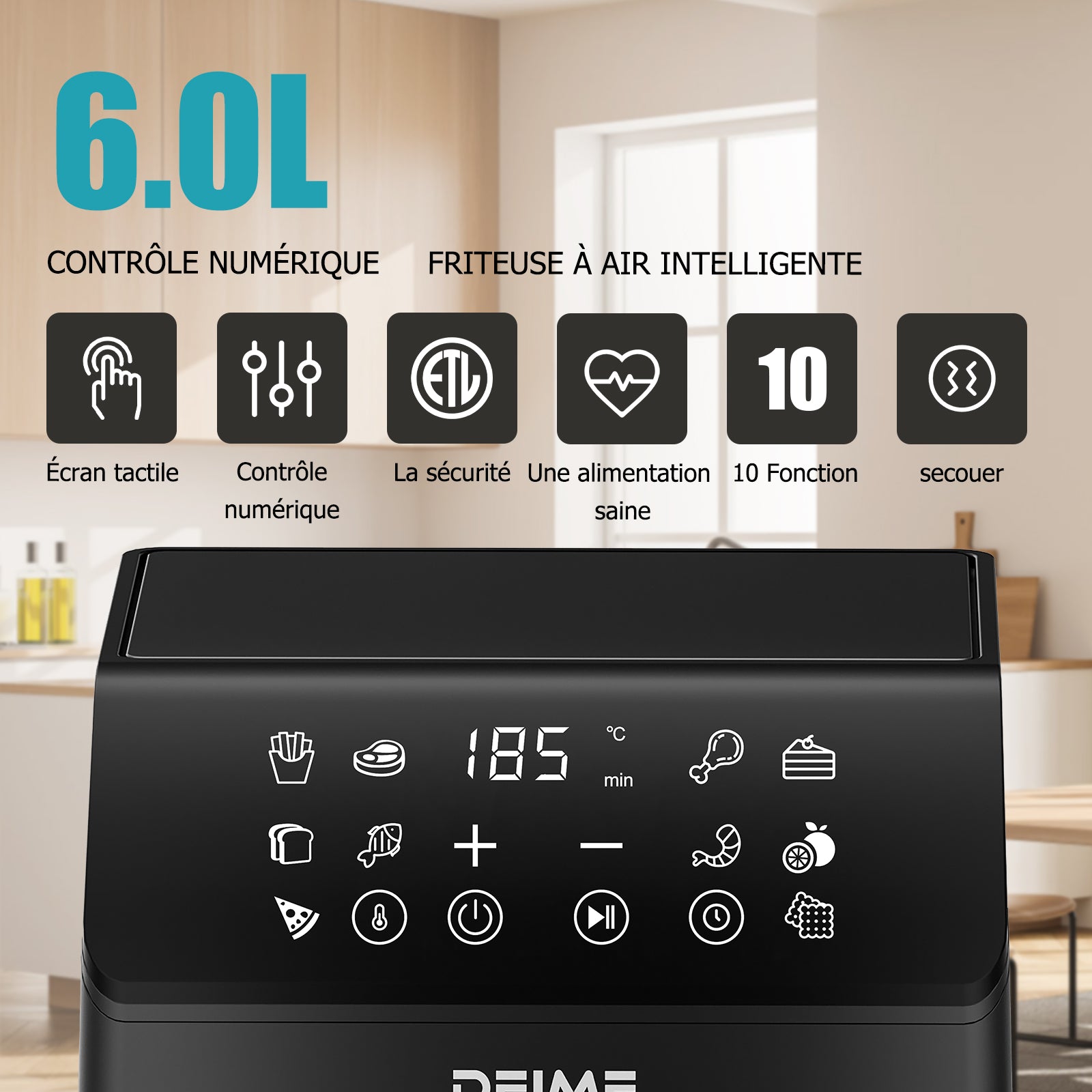 Airfryer 6 L 1700 W 12 Programmes Écran Digital – Noir