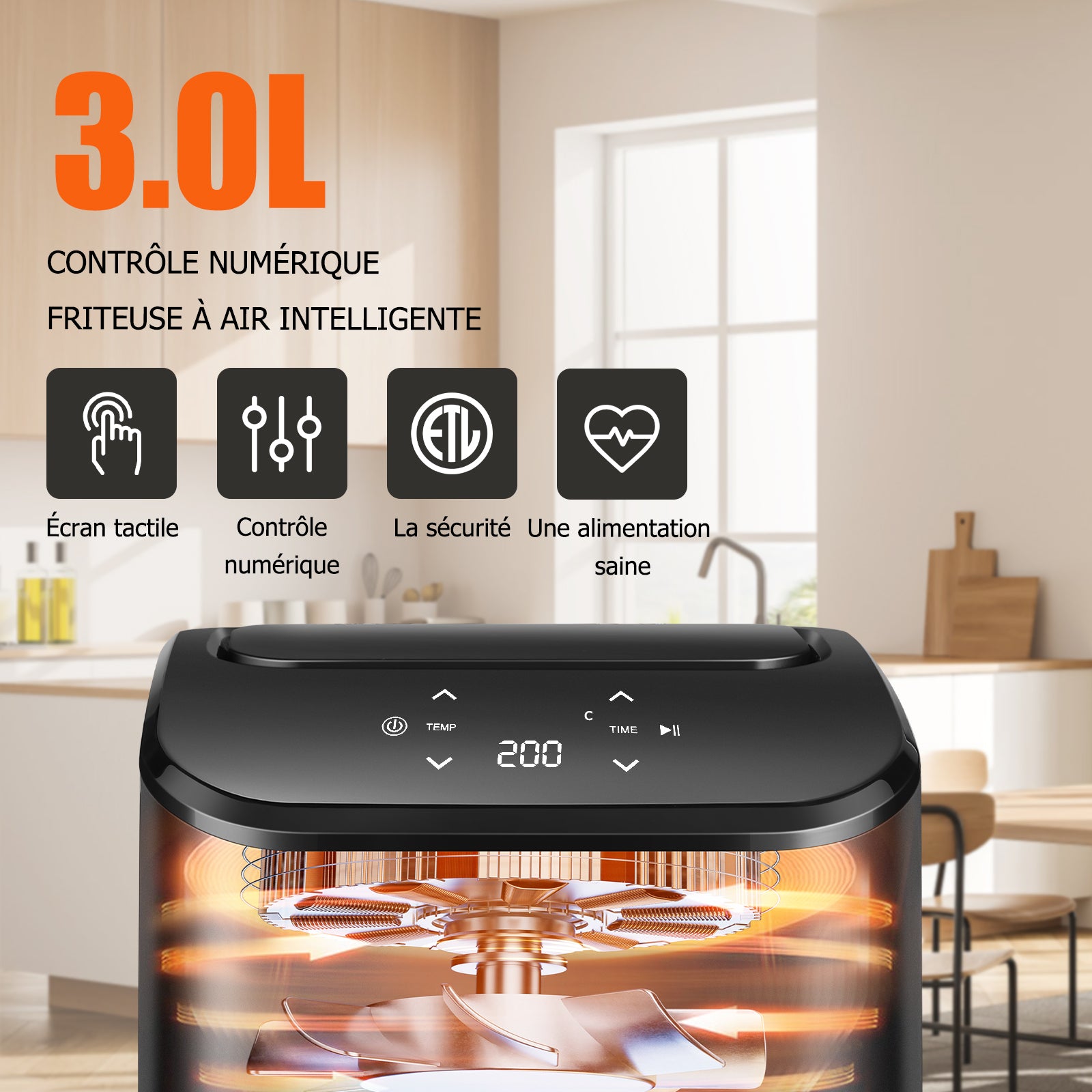 Airfryer 2,5 L 1000 W Écran Tactile Cuisson 360° – Noir