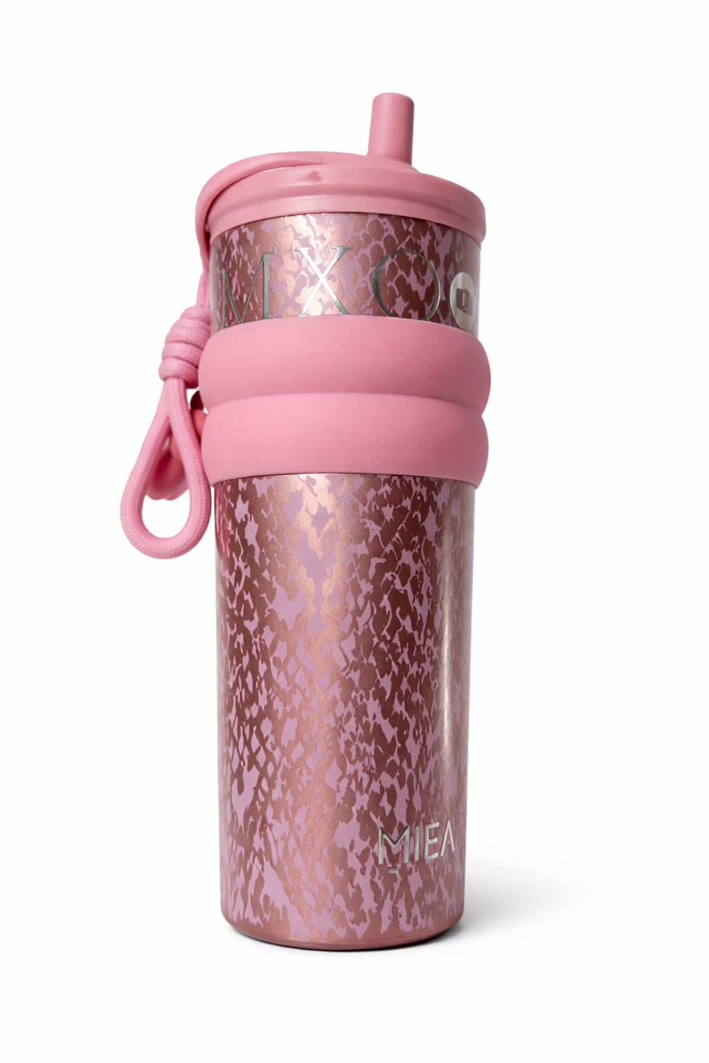 Gourde Isotherme Rose Motif Élégant – Avec Paille & Dragonne
