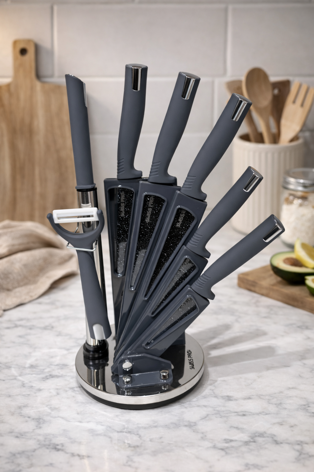 Set de Couteaux Gris 8 Pièces avec Support Rotatif – Design Moderne & Élégant