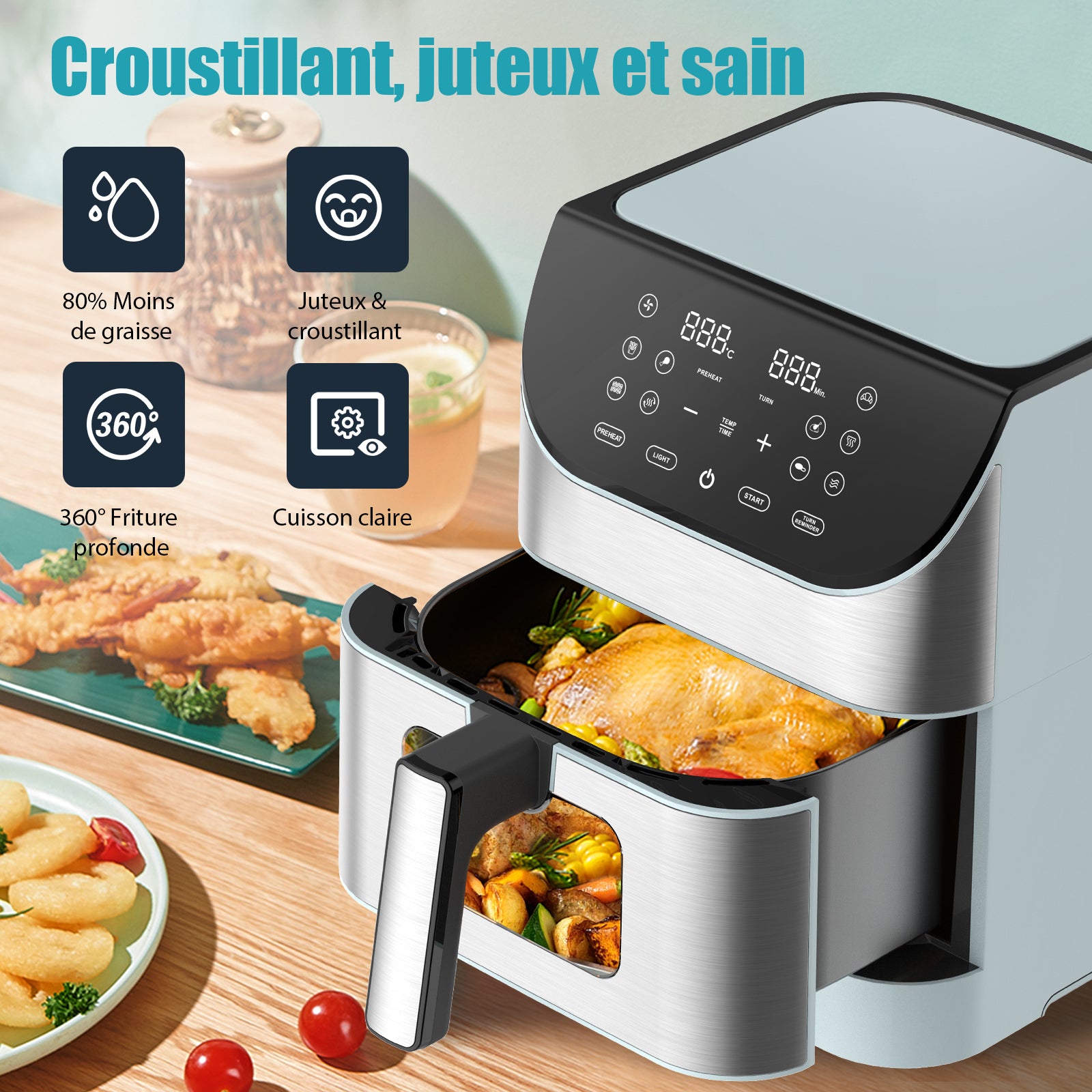 Airfryer 6 L 1500 W 10 Programmes Avec Fenêtre De Cuisson – Inox Bleu