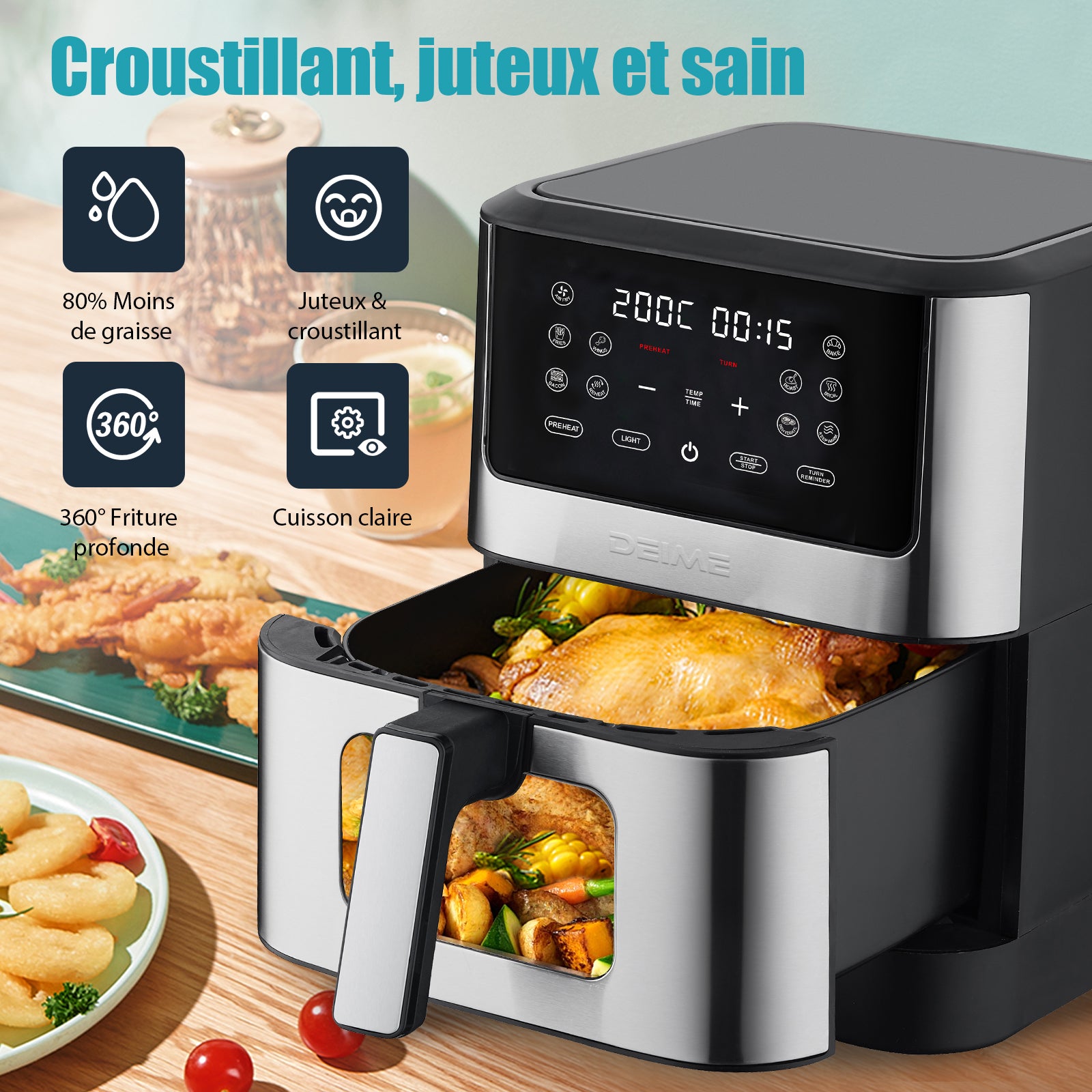 Airfryer 6 L 1500 W 10 Programmes Avec Fenêtre De Cuisson
