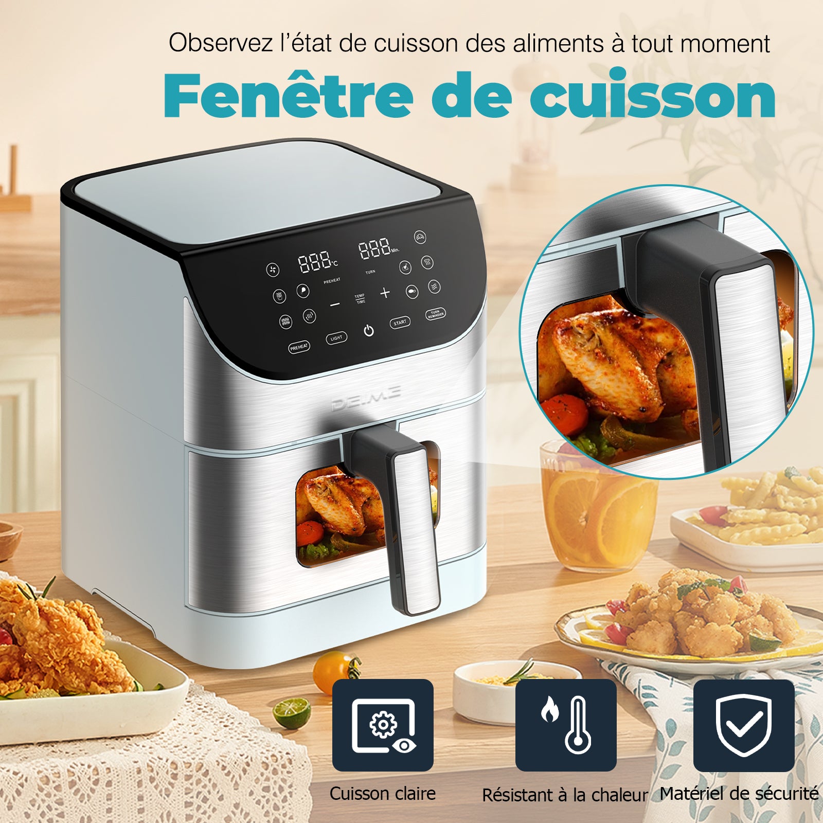 Airfryer 6 L 1500 W 10 Programmes Avec Fenêtre De Cuisson – Inox Bleu