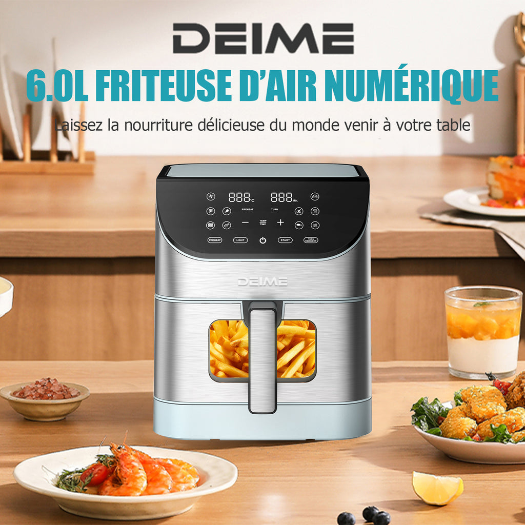 Airfryer 6 L 1500 W 10 Programmes Avec Fenêtre De Cuisson – Inox Bleu
