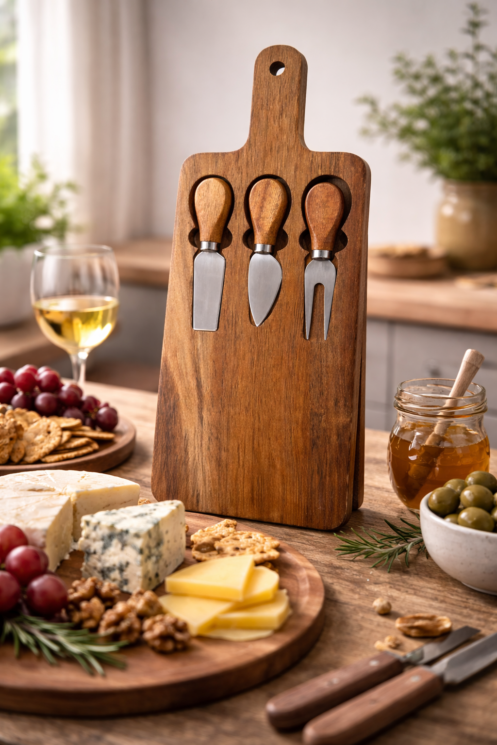 Planche à Fromage en Bois avec 3 Couteaux – Set Service Élégant