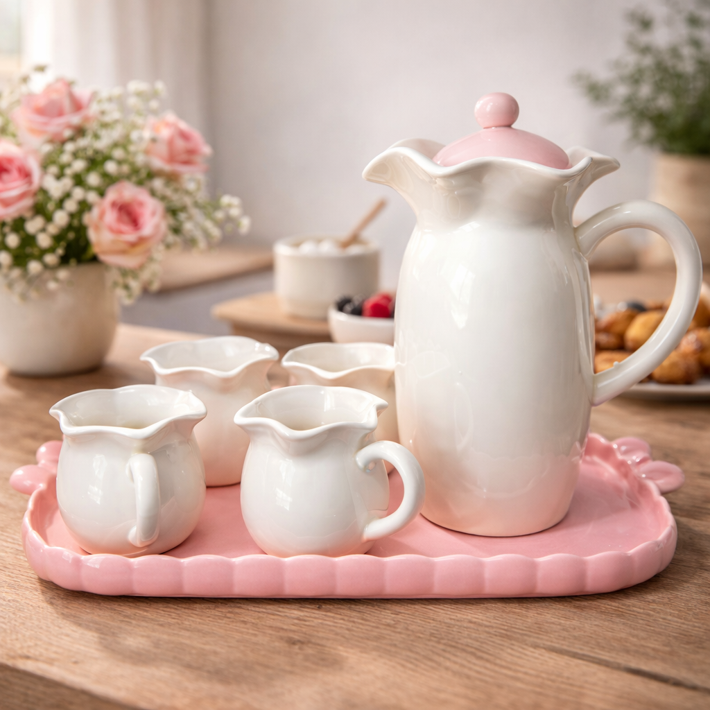 Service en Céramique Blanc & Rose – Carafe + 4 Tasses avec Plateau