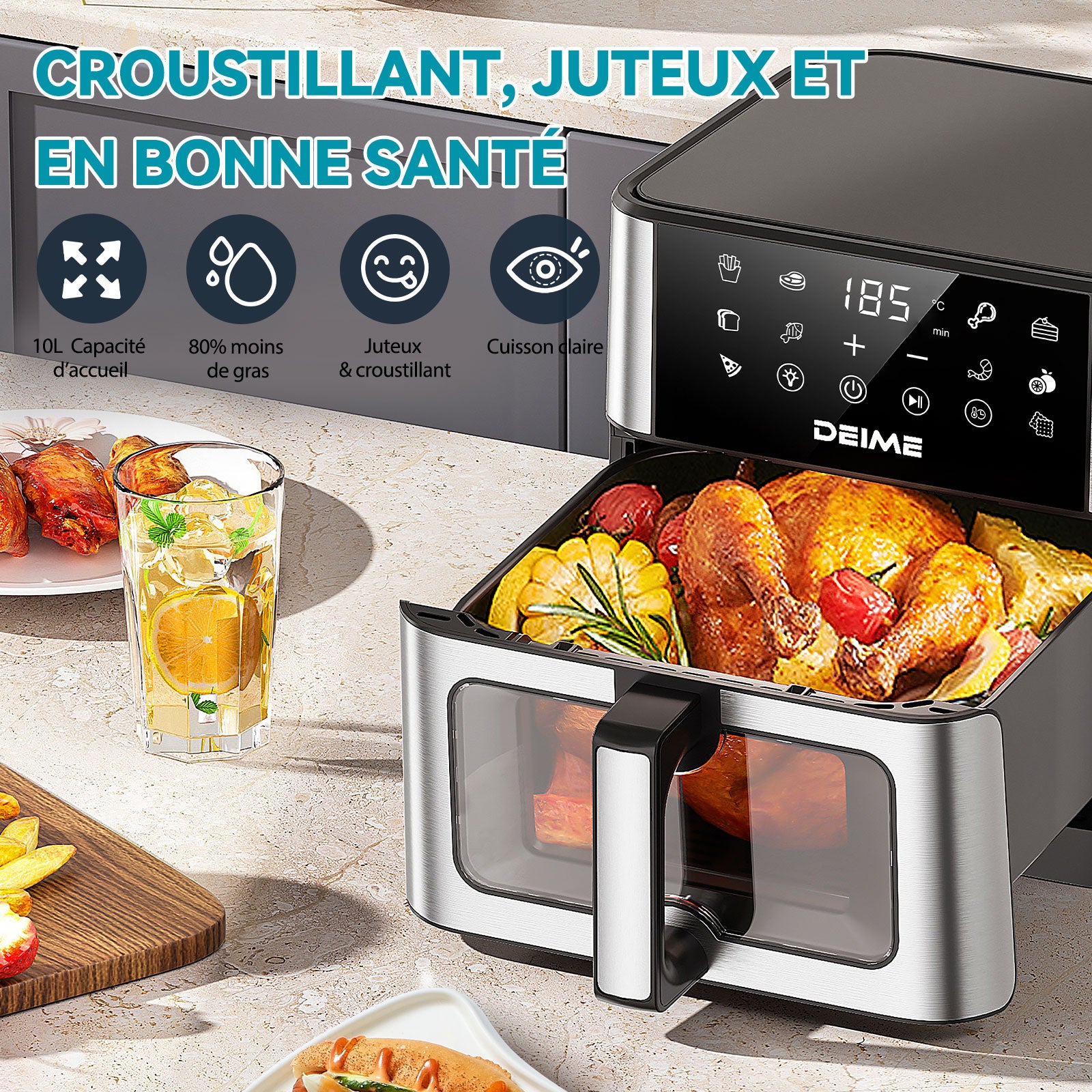 Airfryer 10 L 1800 W 10 Programmes Avec Fenêtre De Cuisson – Inox