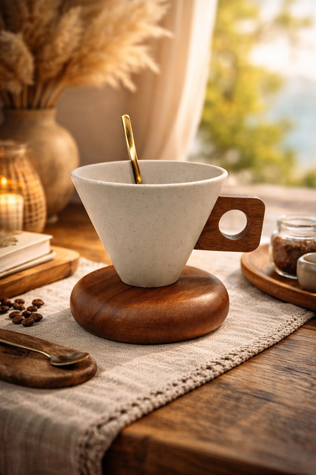 Tasse à Café Design en Pierre & Bois – Cuillère Dorée Incluse