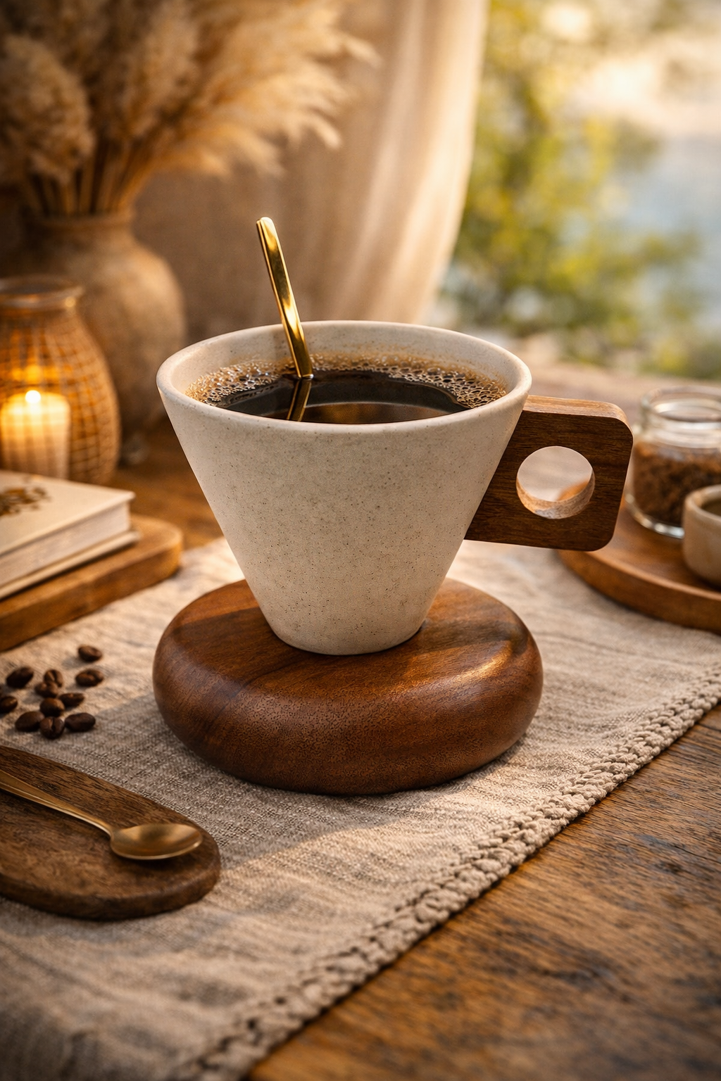 Tasse à Café Design en Pierre & Bois – Cuillère Dorée Incluse