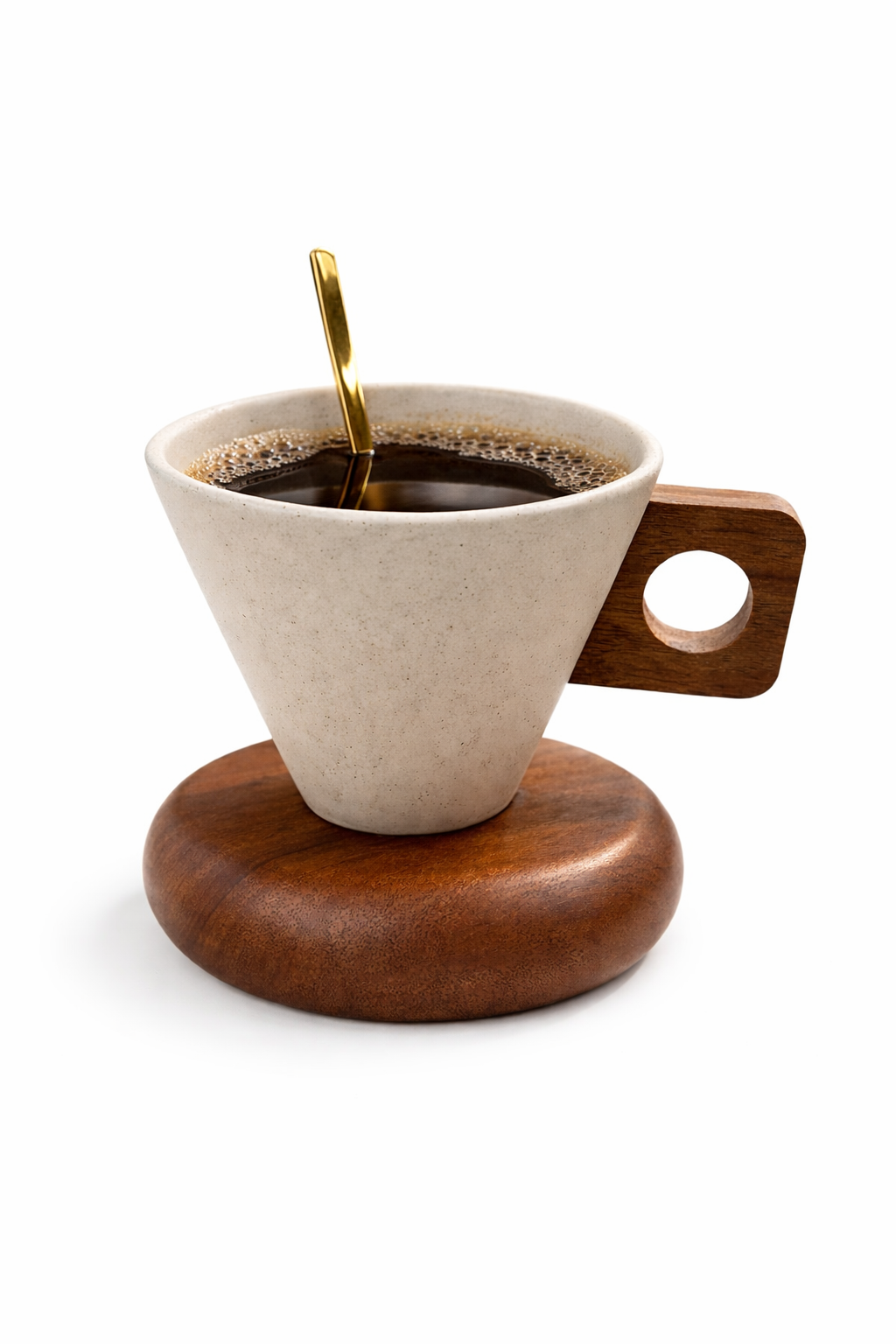 Tasse à Café Design en Pierre & Bois – Cuillère Dorée Incluse