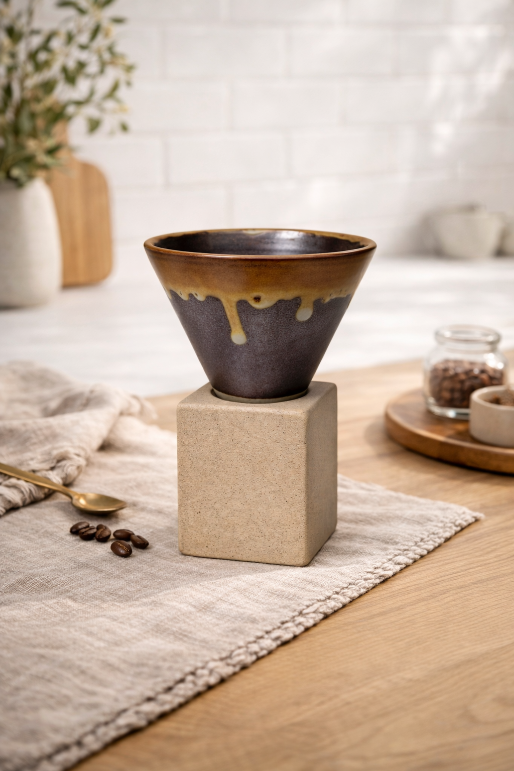 Tasse à Café Design en Pierre avec Support Carré – Effet Café Débordant