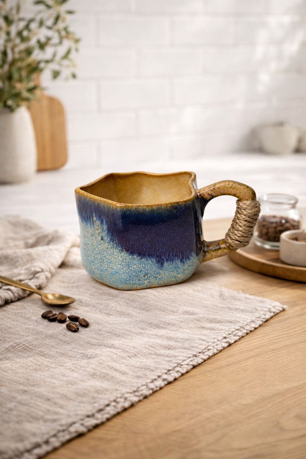Tasse Artisanale en Céramique Bleu & Ocre – Anse Enveloppée de Corde