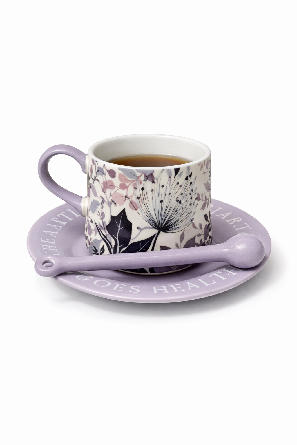 Tasse Florale en Céramique avec Sous-Tasse & Cuillère – Tons Lavande