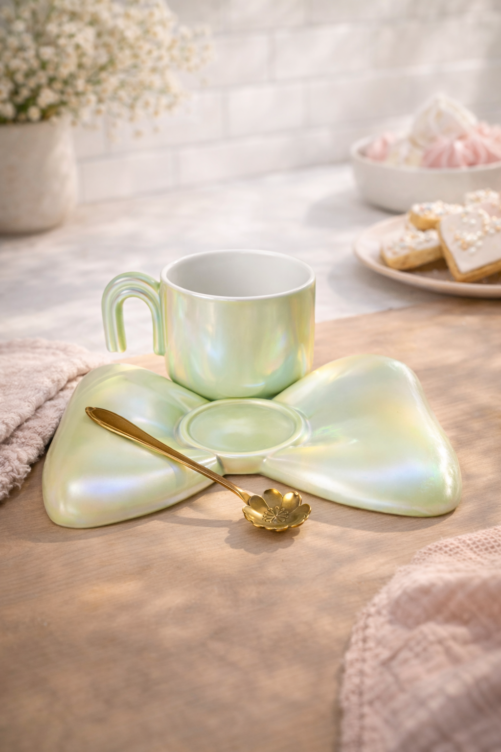 Tasse Moderne en Céramique Nacrée avec Sous-Tasse Design & Cuillère Dorée