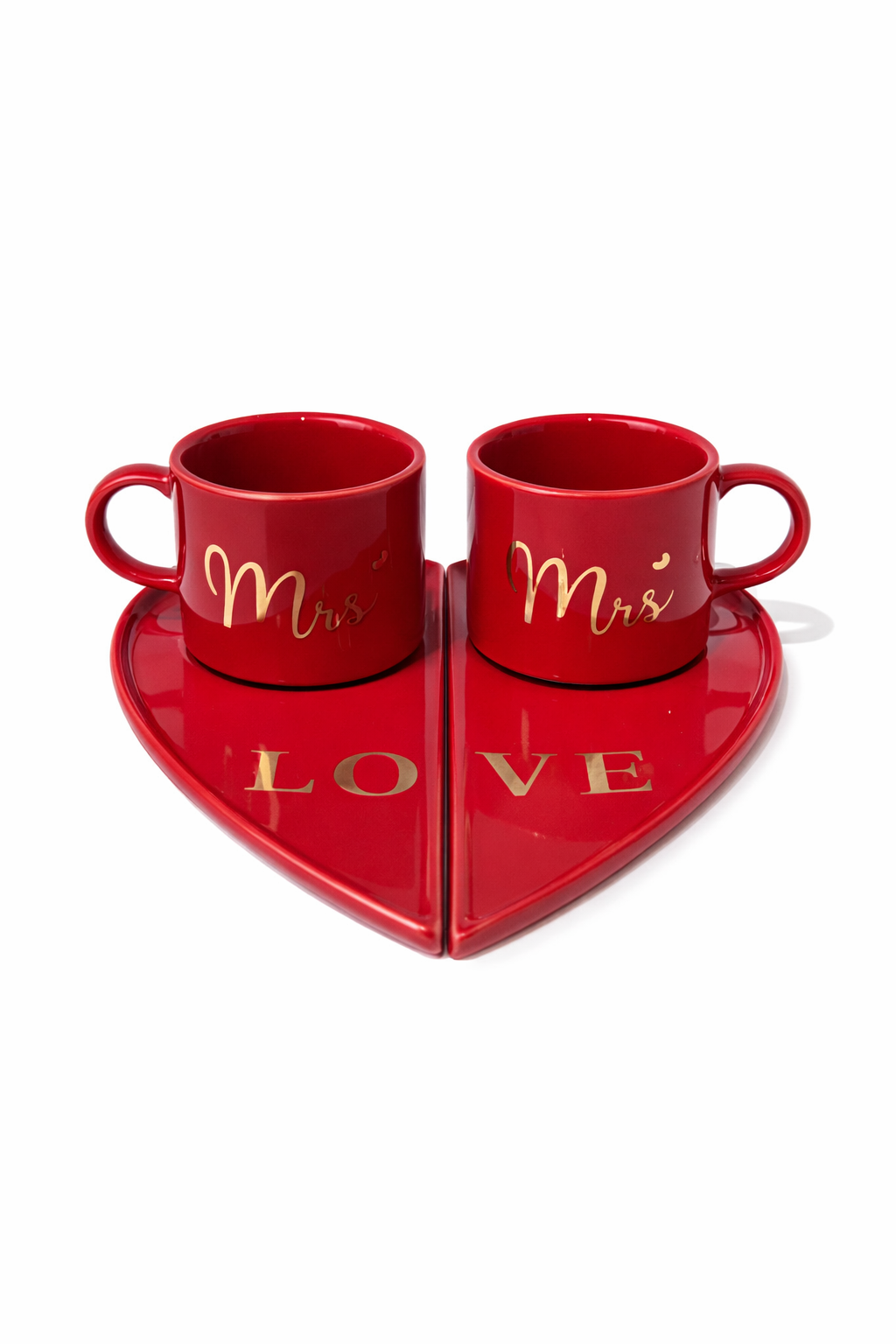 Duo de Tasses “Mrs” avec Sous-Tasse Cœur LOVE – Rouge & Doré