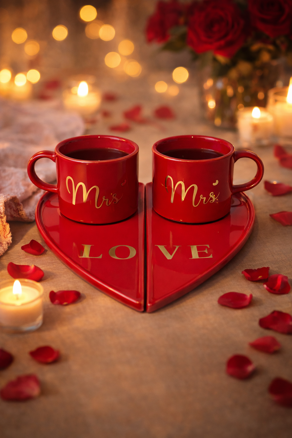 Duo de Tasses “Mrs” avec Sous-Tasse Cœur LOVE – Rouge & Doré