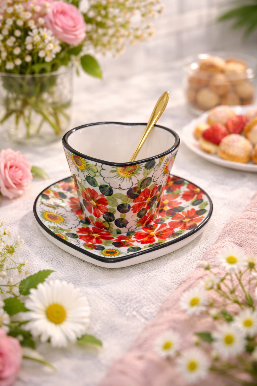 Tasse Florale Cœur en Céramique avec Sous-Tasse & Cuillère Dorée