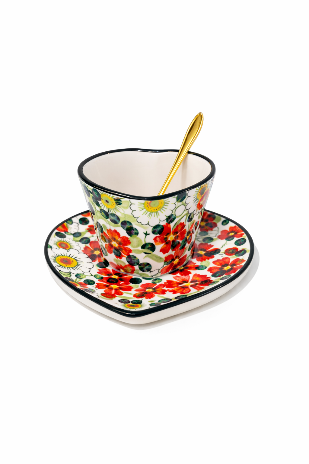 Tasse Florale Cœur en Céramique avec Sous-Tasse & Cuillère Dorée