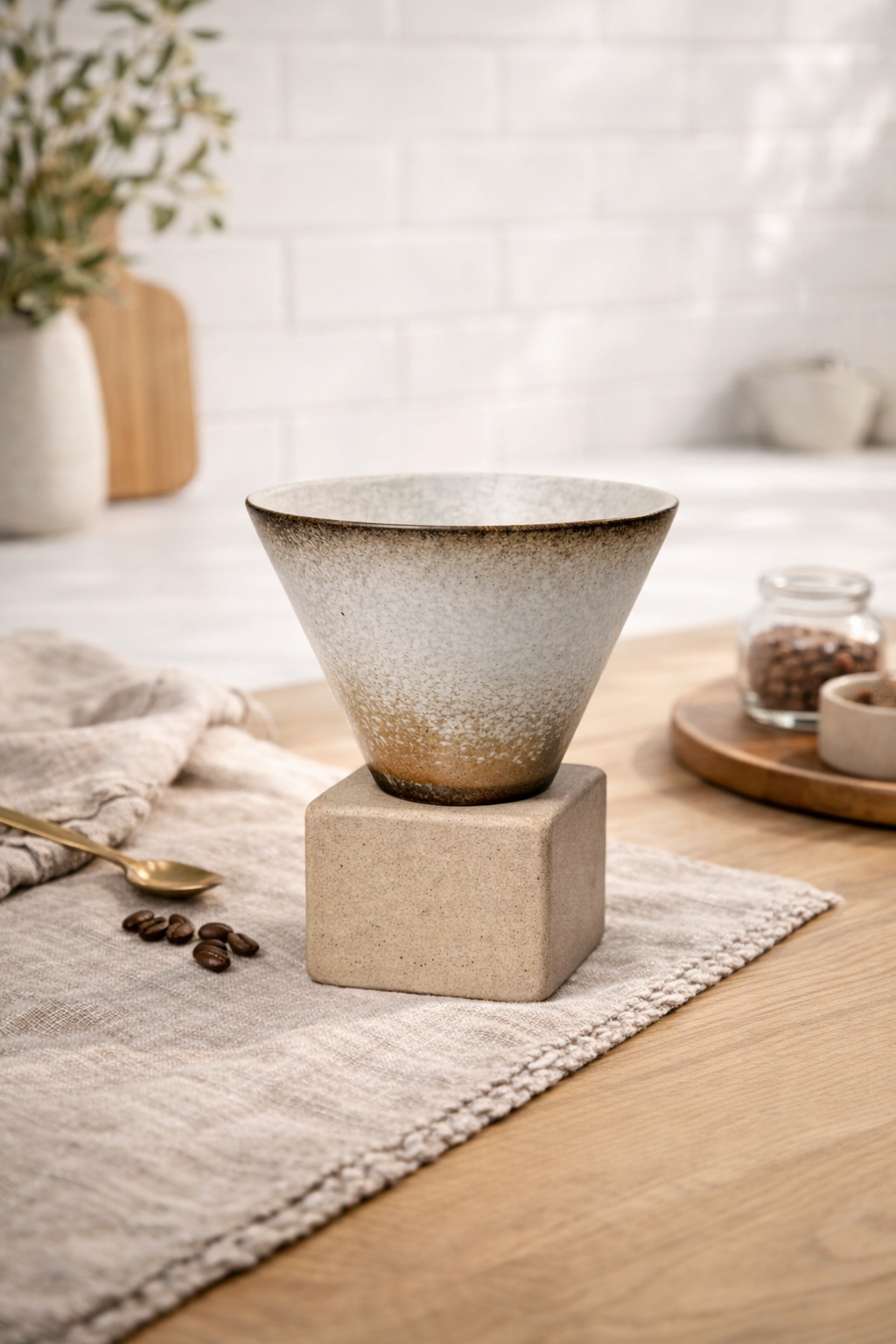 Tasse à Café Design en Pierre avec Support Carré – Effet Café Débordant