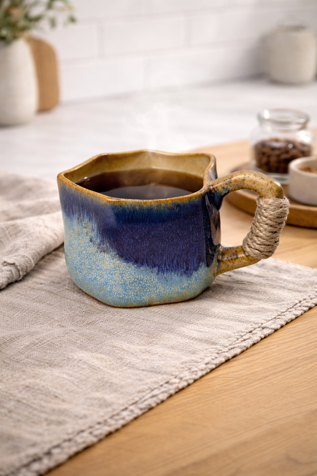 Tasse Artisanale en Céramique Bleu & Ocre – Anse Enveloppée de Corde