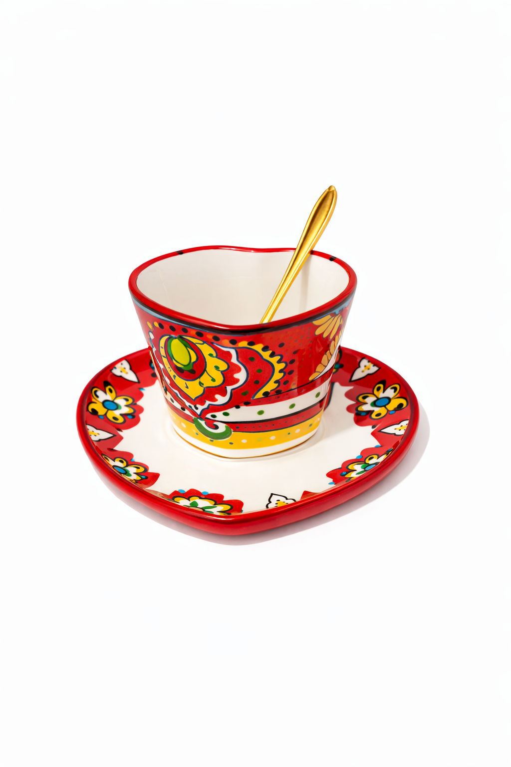 Tasse Florale Cœur en Céramique avec Sous-Tasse & Cuillère Dorée
