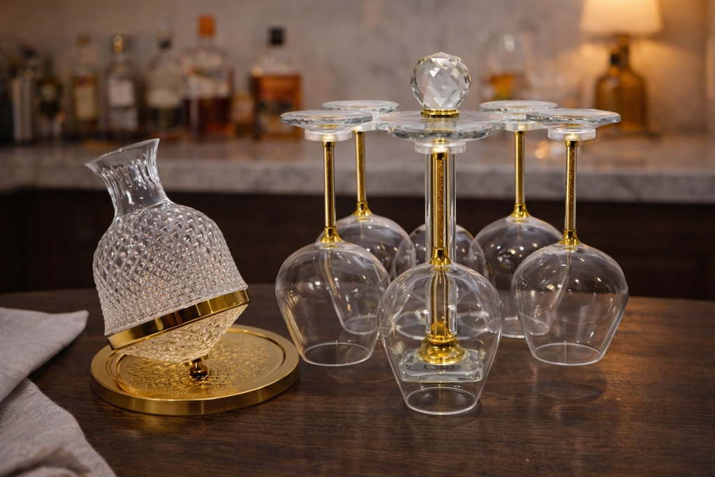 Service en Verre & Or – 6 Verres + Carafe avec Support Élégant