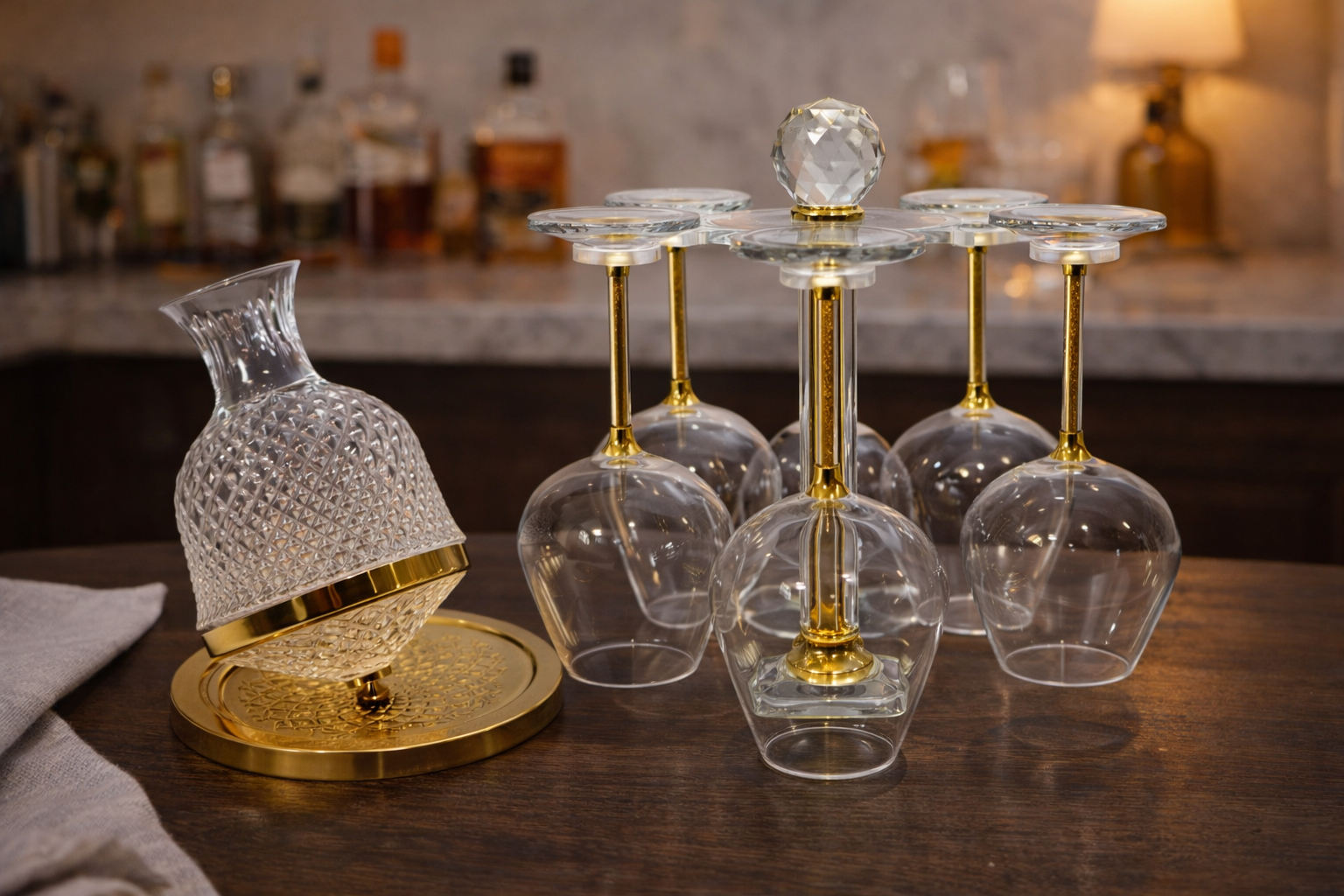 Service en Verre & Or – 6 Verres + Carafe avec Support Élégant