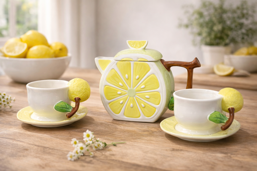 Service à Thé Citron en Céramique – Théière + 2 Tasses & Sous-Tasses