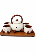 Service à Thé Fantaisie 5 Pièces – Théière & Tasses Sourire avec Plateau en Bois