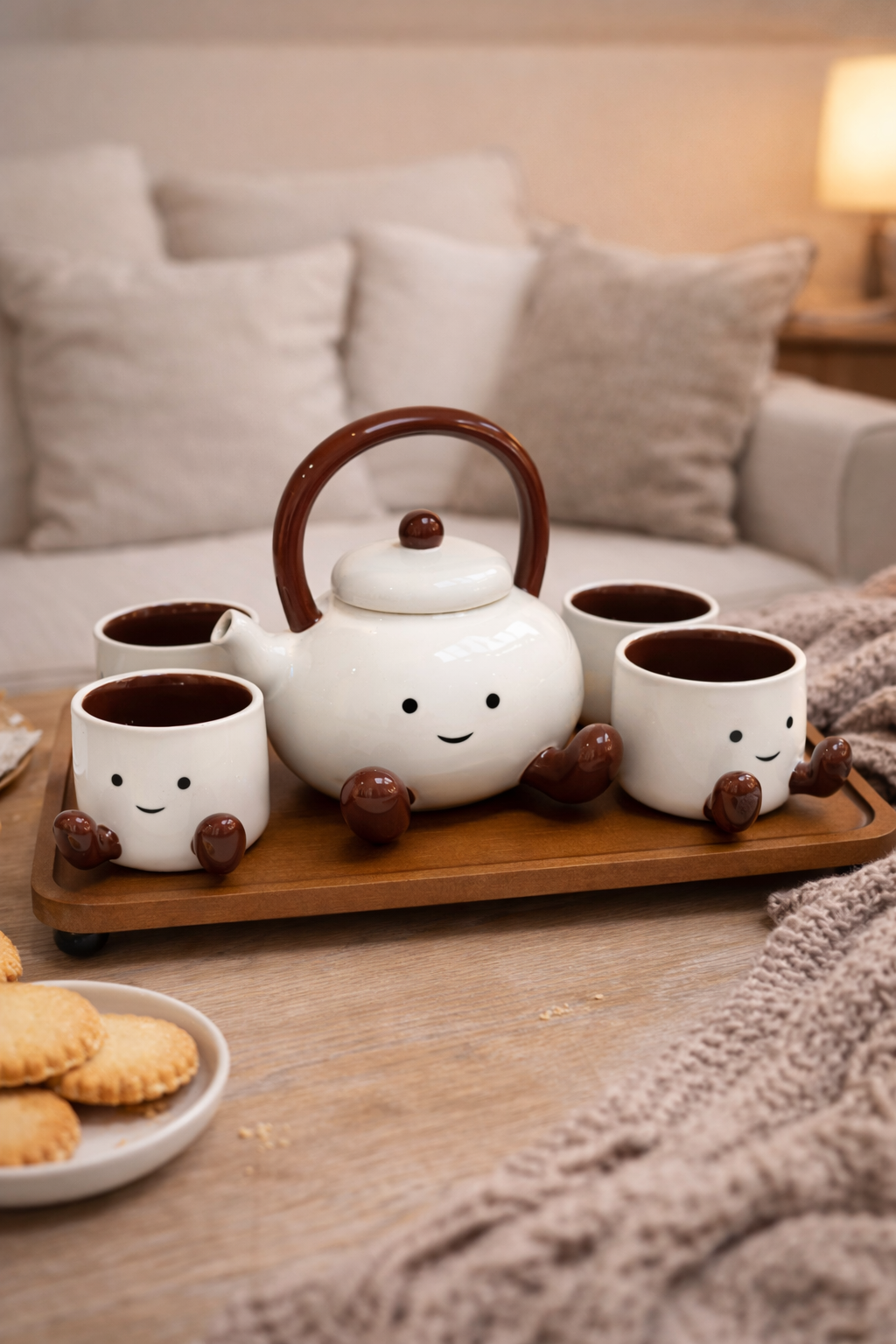 Service à Thé Fantaisie 5 Pièces – Théière & Tasses Sourire avec Plateau en Bois