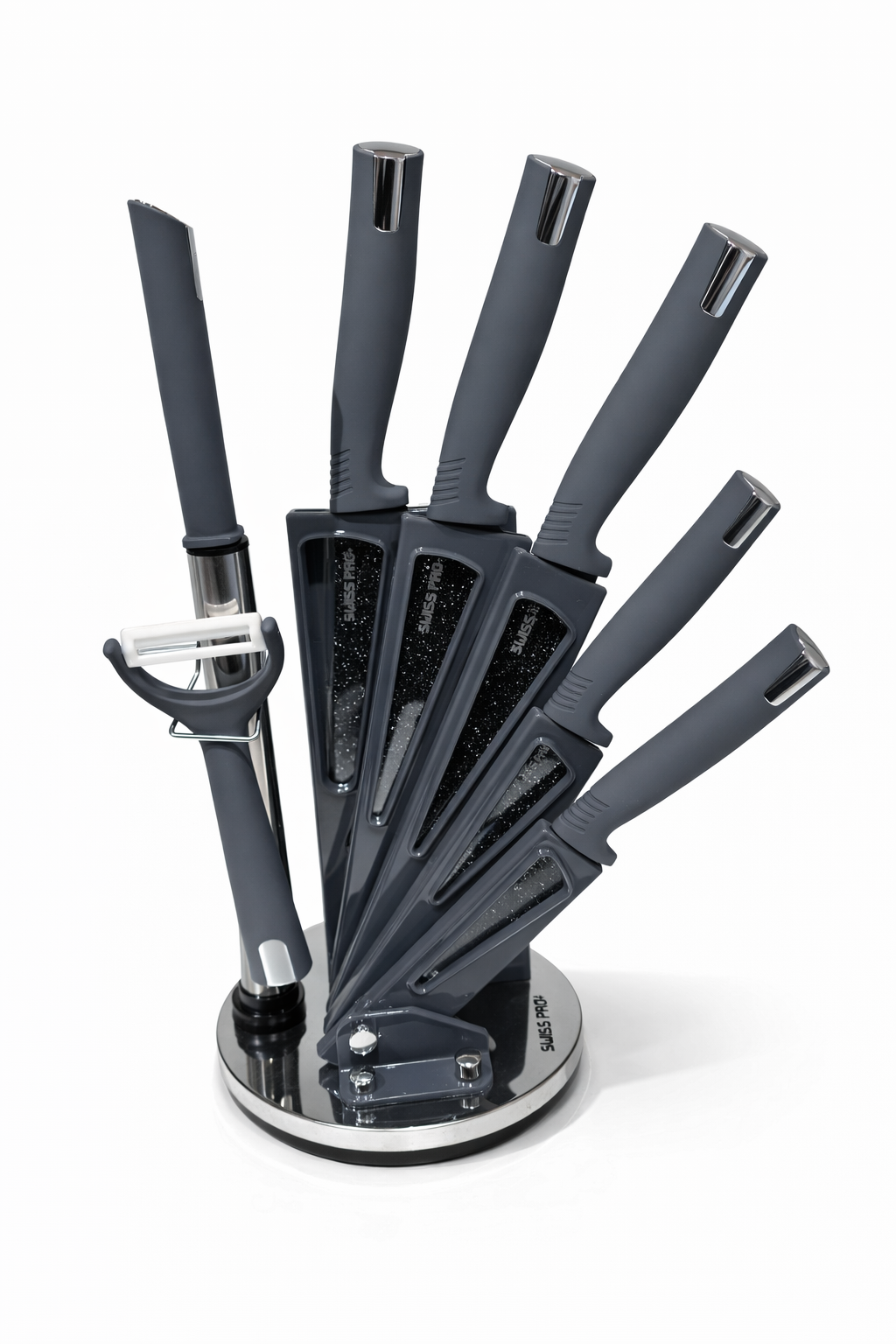 Set de Couteaux Gris 8 Pièces avec Support Rotatif – Design Moderne & Élégant