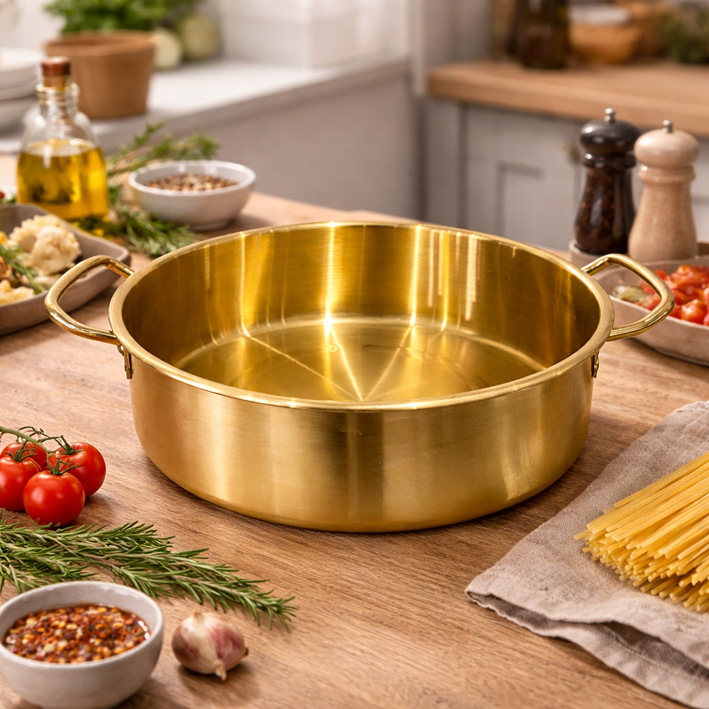 Cocotte Ronde Dorée en Acier Inoxydable – Poignées Latérales Élégantes