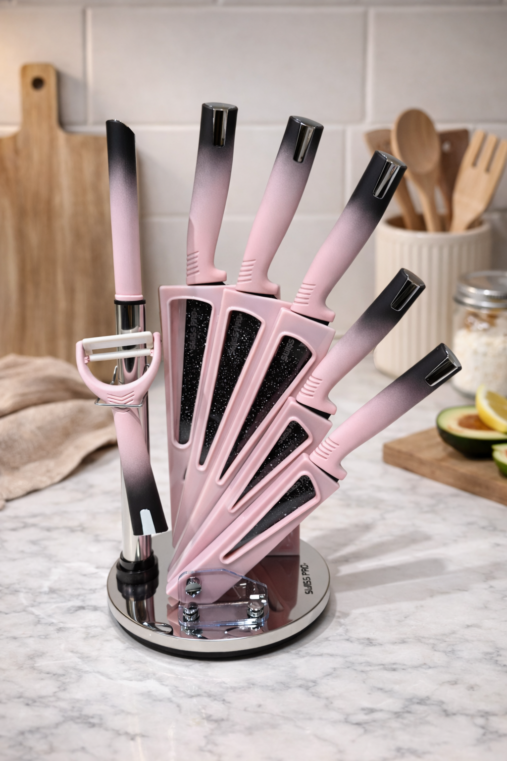 Set de Couteaux Rose Dégradé 8 Pièces avec Support Rotatif – Design Moderne & Élégant
